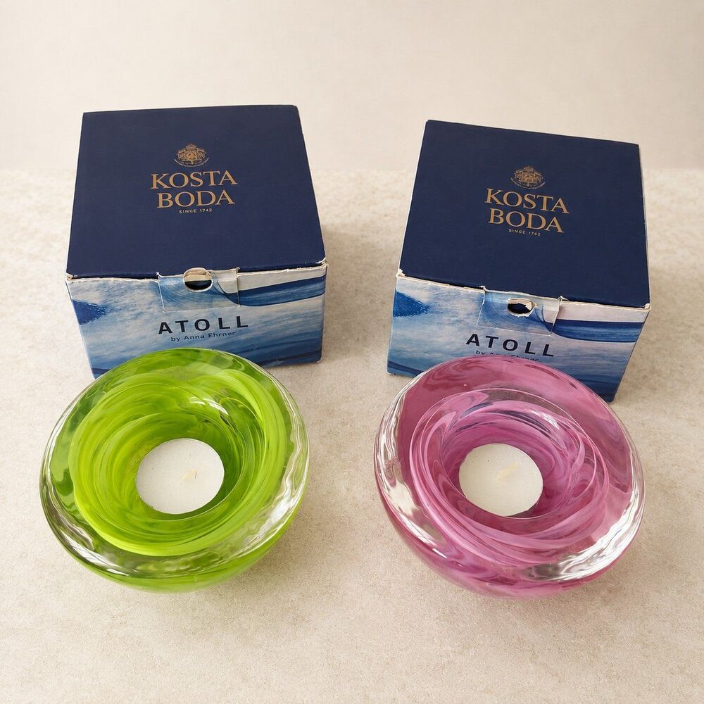 Kosta Boda Atoll Art Glass Candle Holders Green Pink Pair Boxed